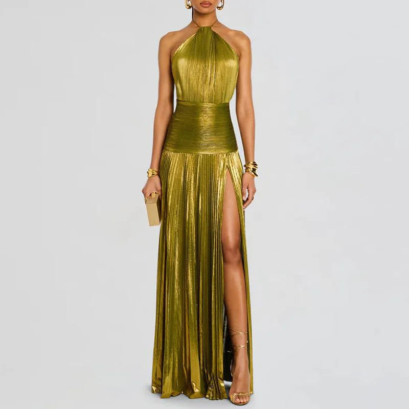 Gold Sexy Halter High Split Gowns Evening Dress Woman Chic Solid Hollow Pleated Long Dress Spring Summer Backless Zip Maxi Dress