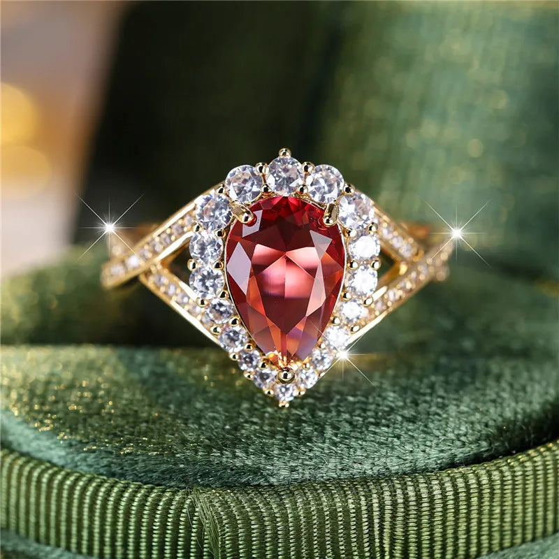 Luxury Female Red Water Drop Zircon Stone Engagement Ring Trendy Gold Color Bride Wedding Jewelry Gift For Women
