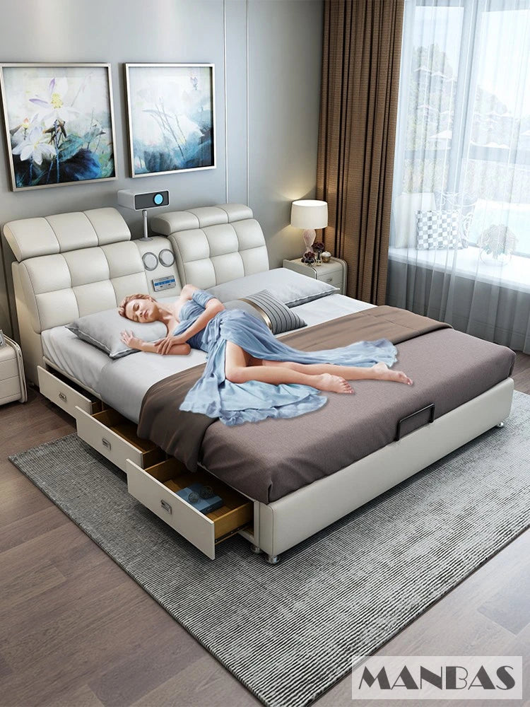 Linlamlim Ultimate Tech Smart Bed - Multifunctional Bedframe with Genuine Leather and Bluetooth Speaker, Drawers,...