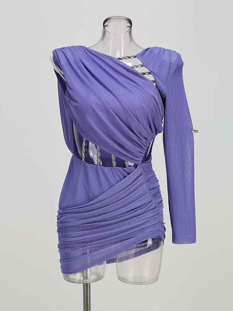 VC Party Glamour Purple One-Shoulder Cutout Chain Mini Dress for Summer Fashion Gala Gown