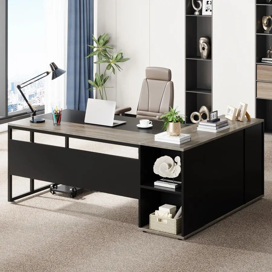 71 inch Executive Desk, L Shaped Desk with Cabinet Storage, Executive Office Table with Shelves, Business Furniture Set Worksta - Kimlud