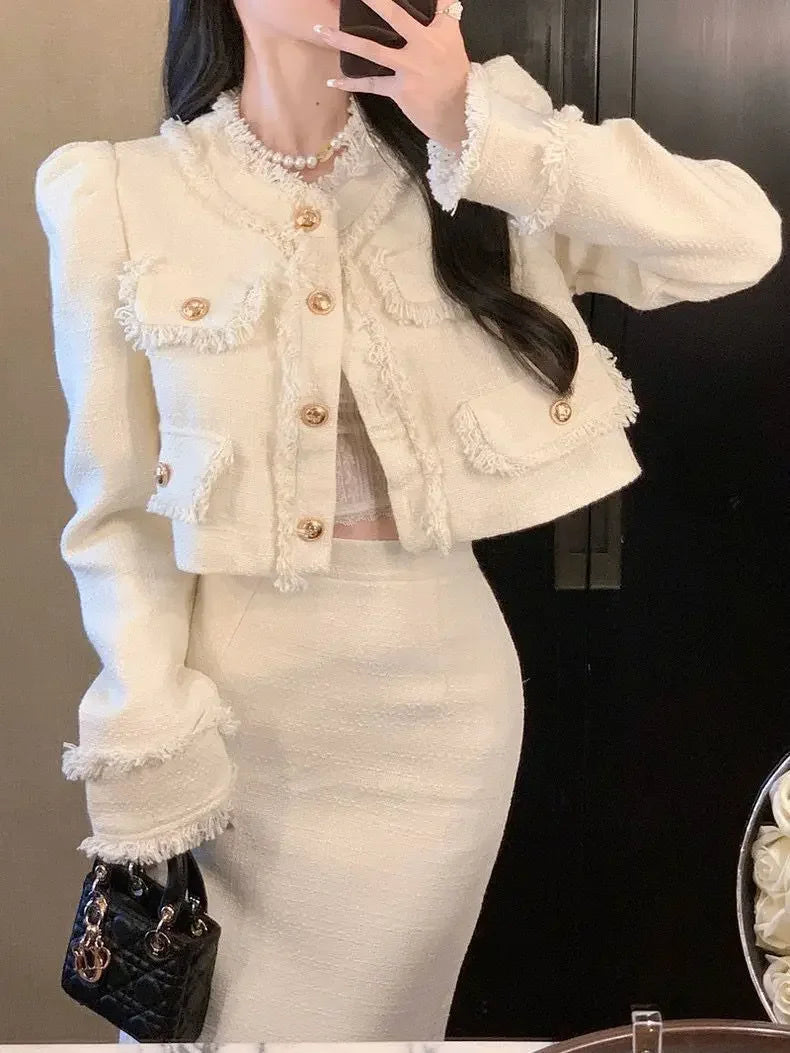 Elegantsocialite Styletweed Long Sleeve Jacket Slimming Skirt New Autumn Fashion Korean Style 2-piece Set