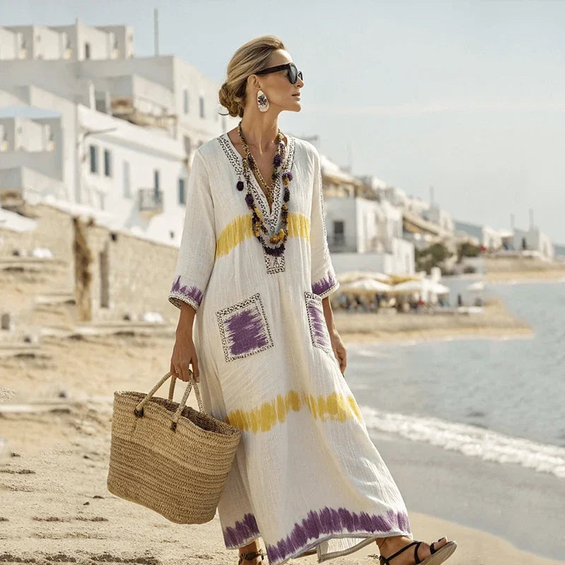 Summer Elegant Loose Long Dresses for Women New Casual V Neck Short Sleeve Geometric Printing Splicing Pocket Loose Waist Dress - Kimlud