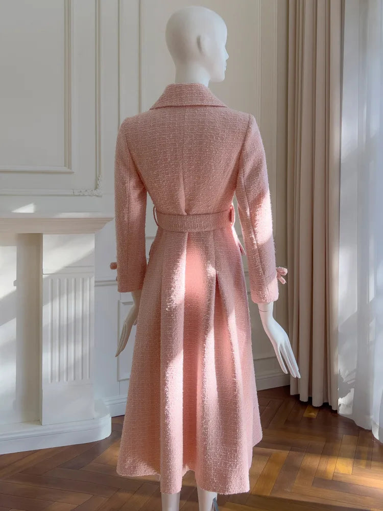 IEQJ Fashion Autumn Pink Woolen Coat Women Turn-Down Collar Double Breasted Sashes Tighten Waist Slim Blends Coat New