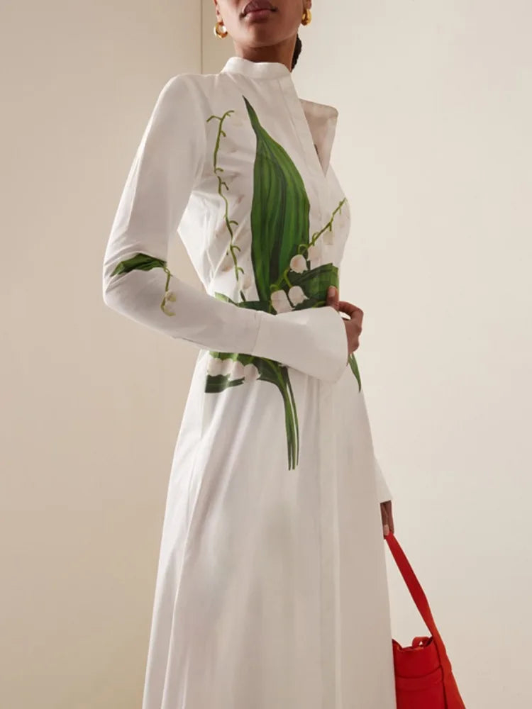 Women's Elegant Floral Printed Formal Office Shirts Dress Long Sleeves Buttoned Stand Collar Party Evening A-line Maxi Dresses - Kimlud