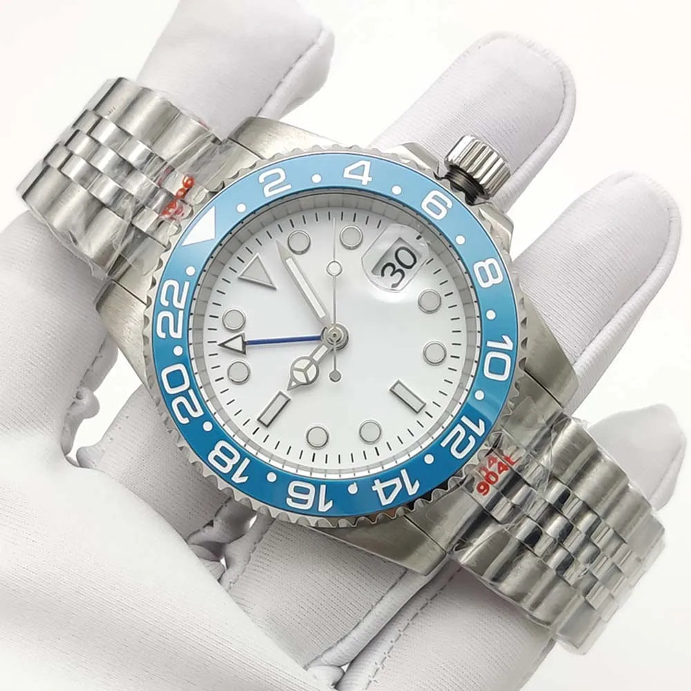 Men's New Elegant White GMT Watch, NH34 Movement, Sapphire Glass, Stainless Steel Waterproof Men's Mechanical Watch