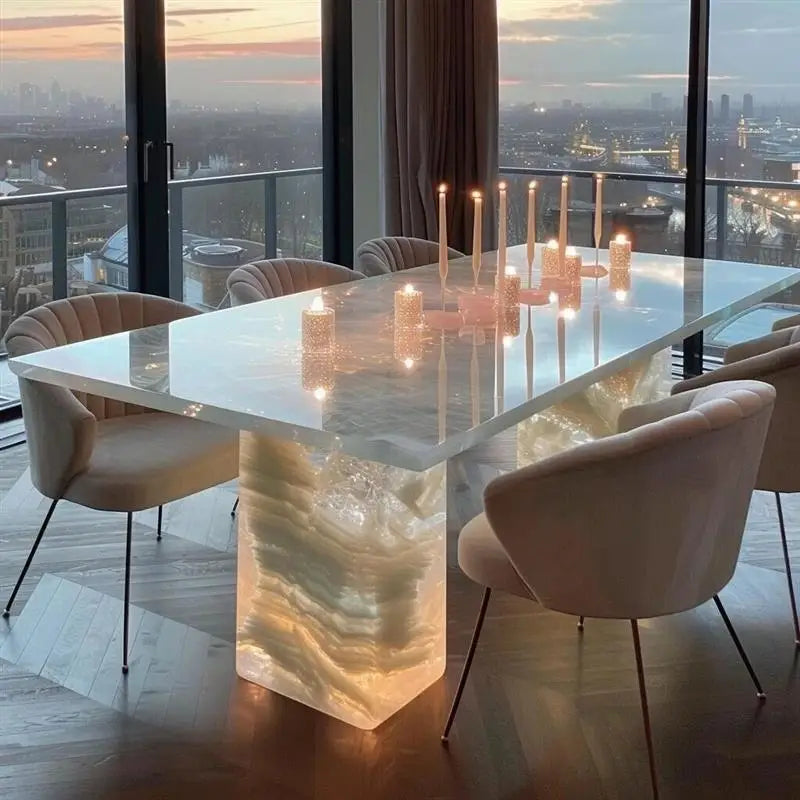 Luminous jade dining table natural luxury stone rectangular pink island white jade light luxury high-end marble rice