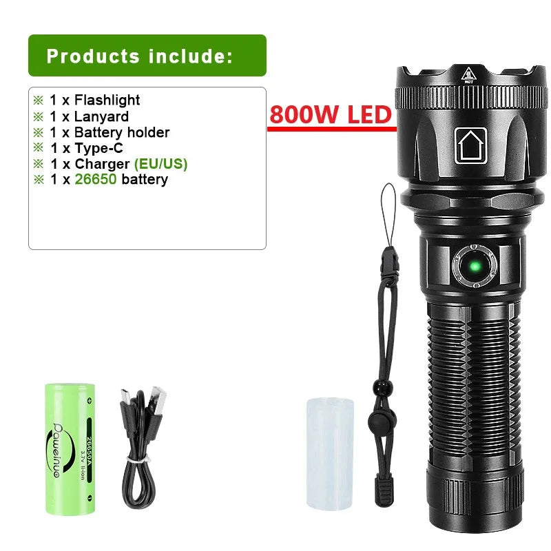Newest 10000LM Ultra Powerful Rechargeable Flashlight 8000W Torch High Power LED Flashlights 3500M Long Range Tactical Lantern
