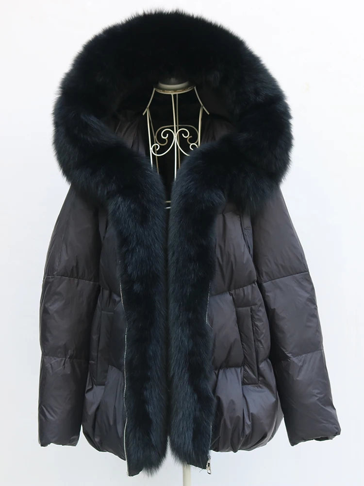 New Fashion Outerwear Puffer Jacket 2024 Women Coat White Duck Down Jacket Super Large Real Silver Fox Fur Collar Hooded