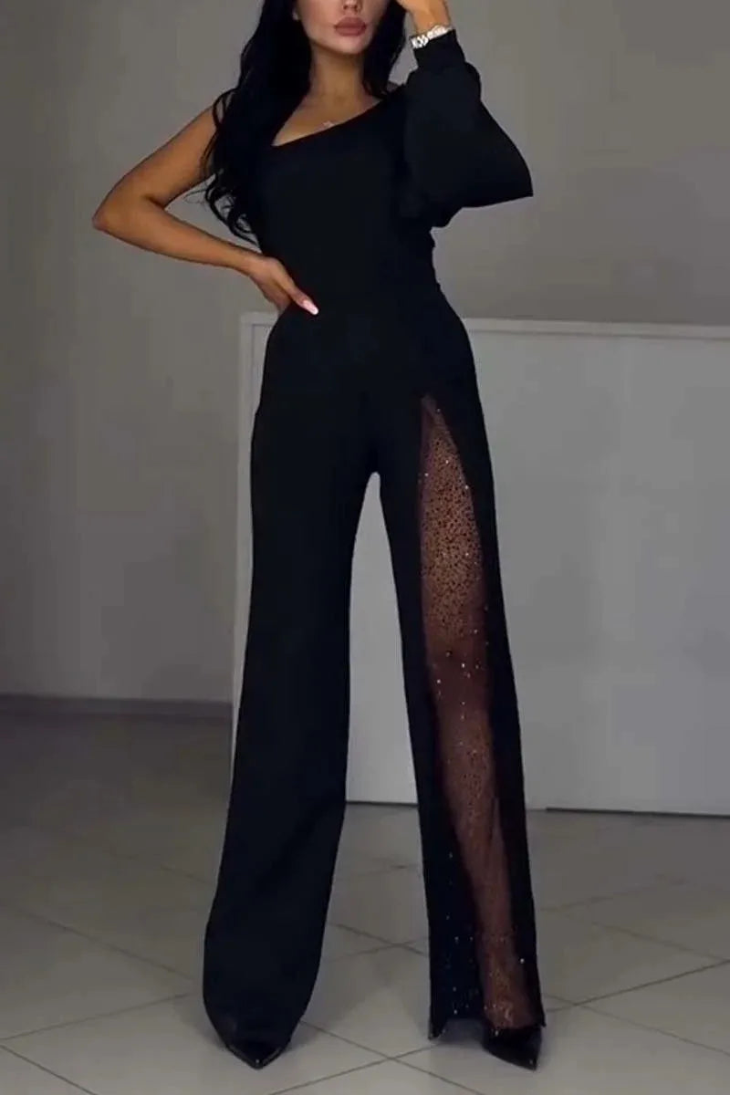 Autumn And Winter Fashion Sexy Slanted Shoulder High Slit Jumpsuit Elegant Women's Solid Color Single Shoulder Sleeve Jumpsuit
