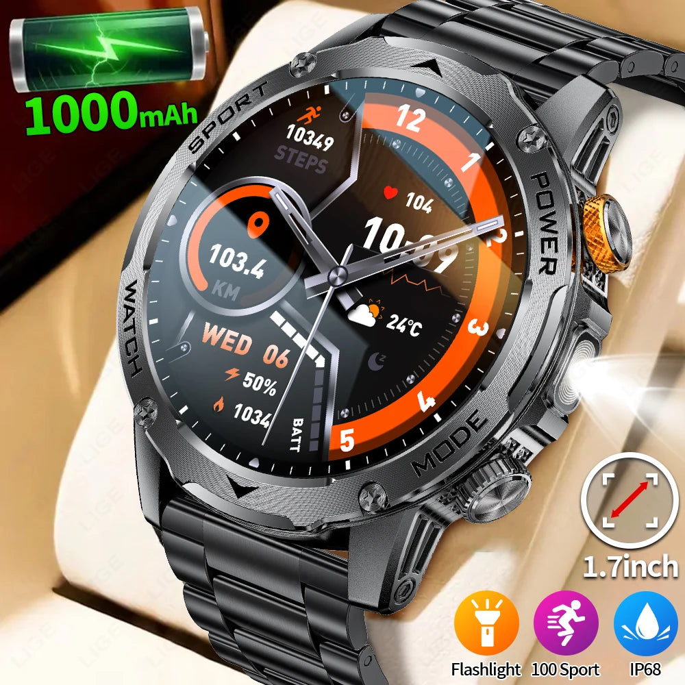LIGE New 1000mAh Big Battery Smart Watch Men LED Flashlight BT Call IP68 Waterproof Men Watches Spots Smartwatch For Android ios