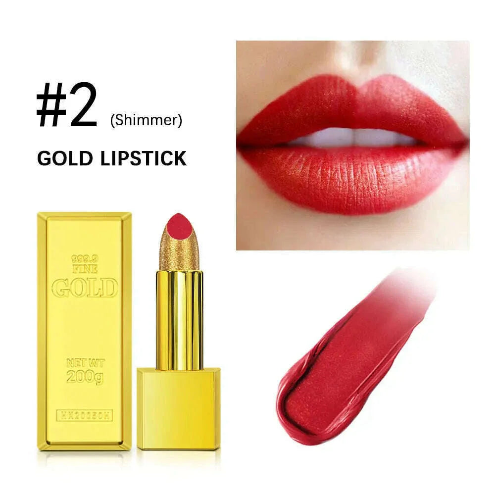 Shimmer Gold Lipstick Metallic Glitter Sexy Lipsticks Long Lasting Batom Waterproof Cosmetic Gold Brick Tube Design Gift 3.5g