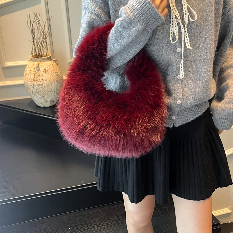 2025 New Winter Soft Plush Bag For Women Designer Half Moon Fluffy Handbag Luxury Red Faux Fur Clutch Bag Female Tote Fashion Ba
