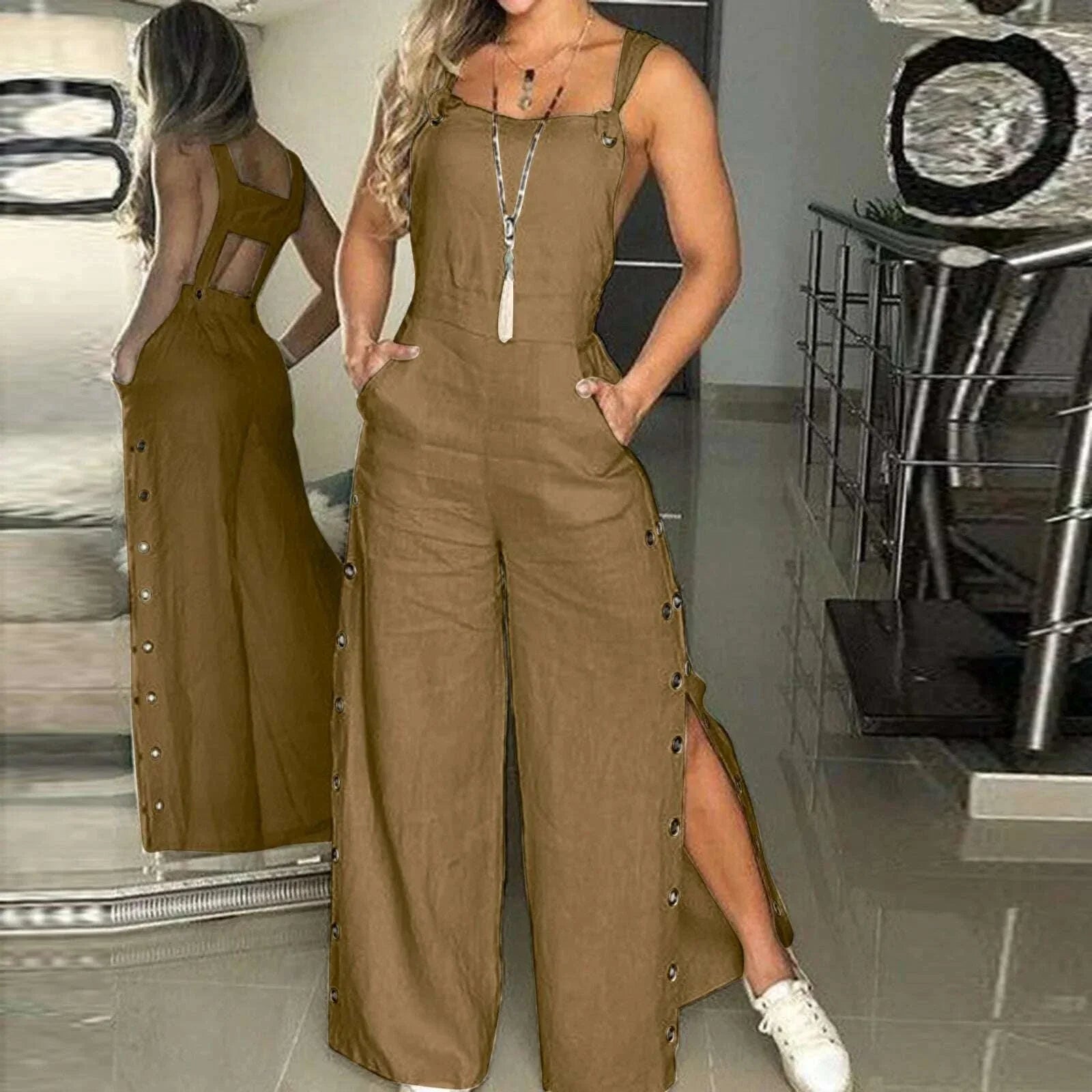 Women's Summer Sleeveless Cotton Linen Playsuits Strappy Side Button Opening Overalls Loose Long Wide Leg Pants Female Jumpsuits