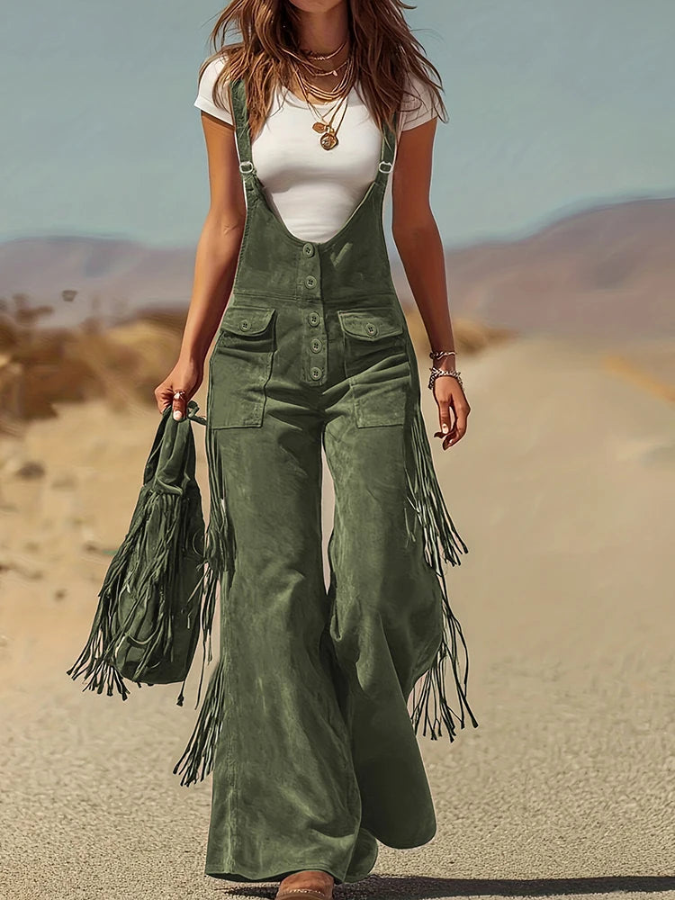 V Neck Tassel Button Patchwork Jumpsuits, Women Holiday Casual Wide Leg Pants Playsuits, 2026 Sleeveless Autumn Winter Overalls