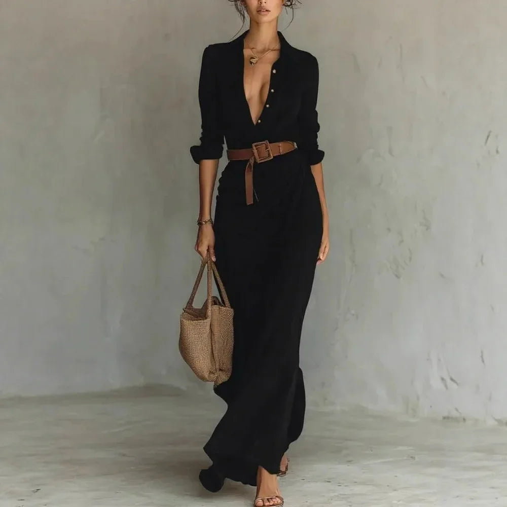 2025 New Autumn Woman Sexy Deep V Neck Hollow Long Dress Elegant Solid Belted Irregular Party Long Sleeve Slim Casual Dresses - Kimlud