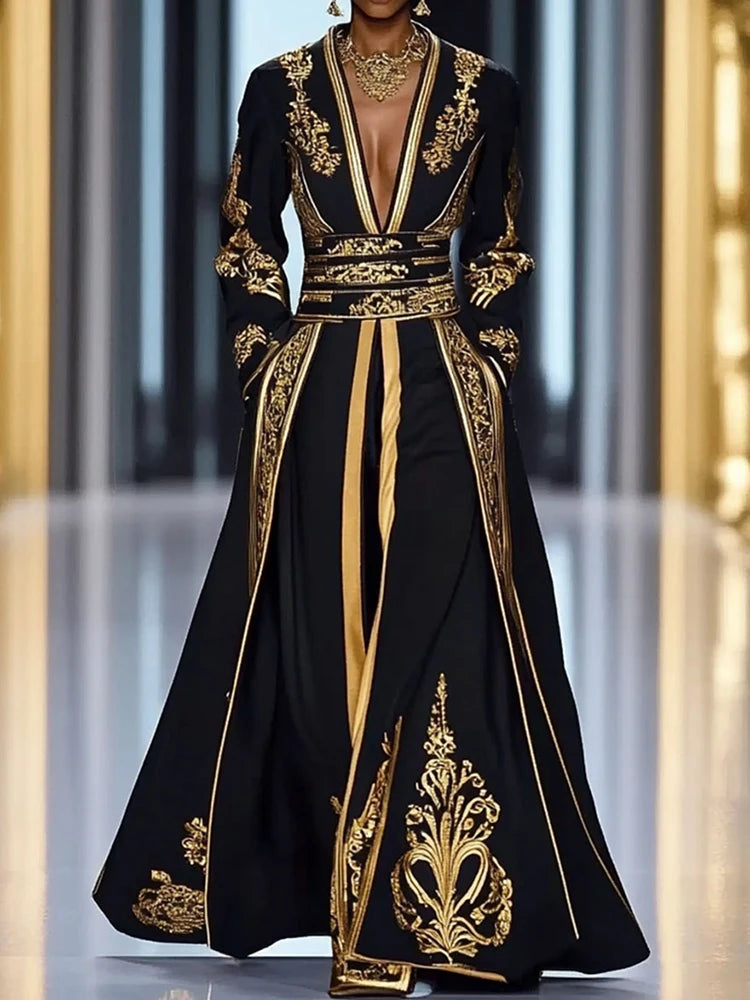 Retro Patchwork Printing Fashion Maxi Dress, Women Autumn Long Sleeve Chic Party Dress, 2025 V Neck Vintage Loose Ladies Dresses