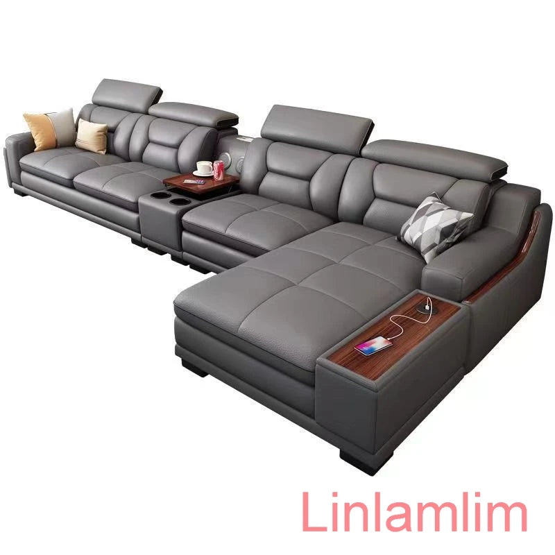 Beautify Your Living Room with Linlamlim Italian Genuine Leather Sofa - Bluetooth Speaker, Adjustable Headrests and USB...