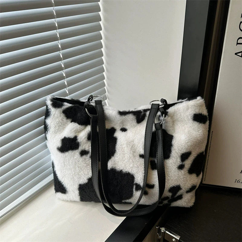 Large Capacity Shopper Bags For Women Winter Travel Tote Bag Cow Printing Plush Shoulder Bag Ladies Handbag Designer Bolsos