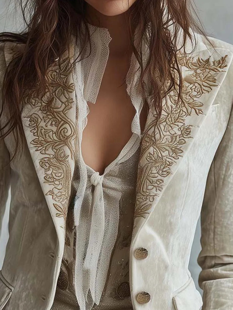 Gold Velvet Long Sleeve Suit with Pockets for Women Floral Print Bell Sleeve Street Style Casual Set No Taggings Universal Fit