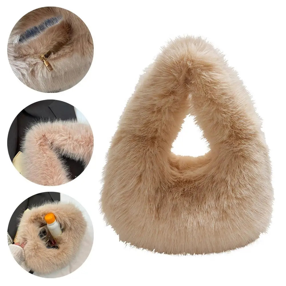 Winter Shoulder Bags Casual Furry for Women Solid Color Soft Plush Ladies Clutch Purse Handbags Lightweight Female Hobos Bag