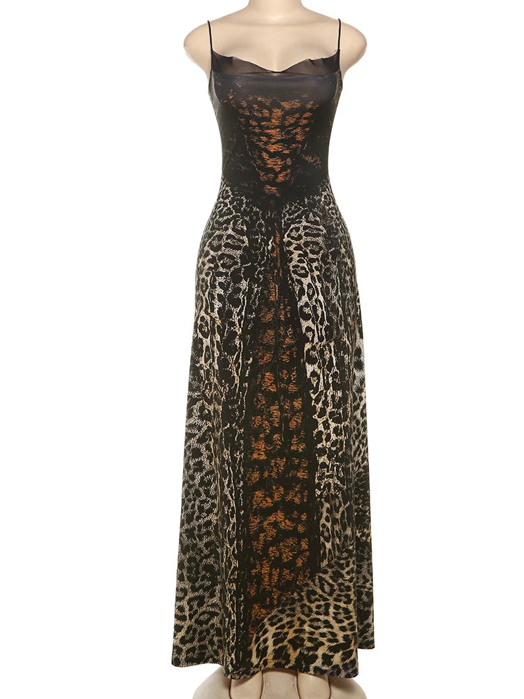 kliou Suspendency Maxi Dress Women Leopard Panelled Draped Backless Lace Up Sheath Long Robe Female Classic Party Club Vestidos