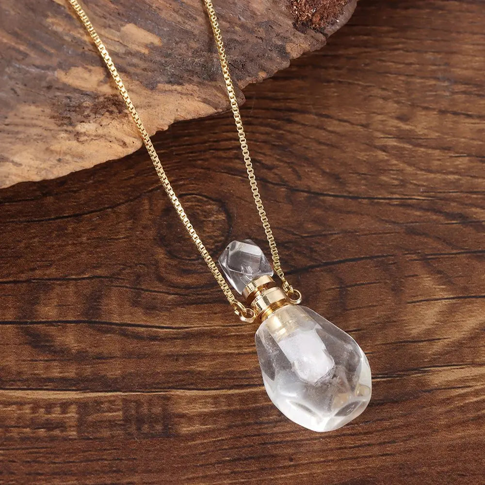 Women Natural Stone Pendant Necklace Wishing Bottle Crystal Perfume Essential Oil Diffuser Vial Jewelry Rose Quartzs Amethysts
