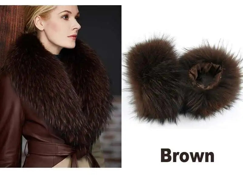 Elegant Luxury Raccoon Fur Collar Cuff Set Large Size 100% Real Fur Scarf Thick Warm Ladies Shawl Coat Collar Women Winter