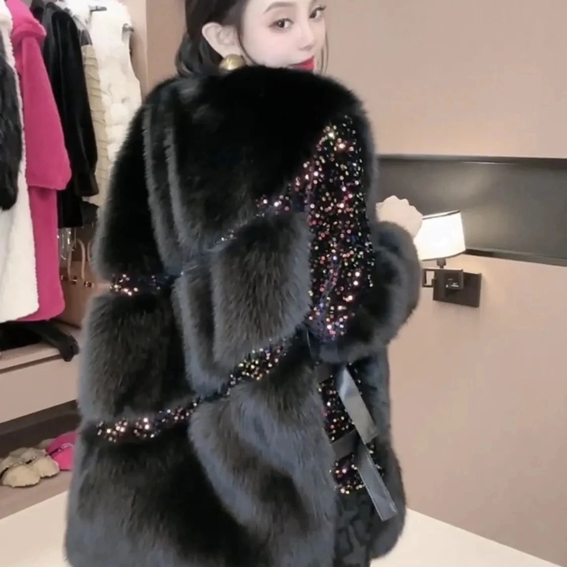 Faux Fur Coat for Women, Turn-down Collar Jacket, Loose Spliced Overcoat, Covered Button, Sequins, Female, New, Winter