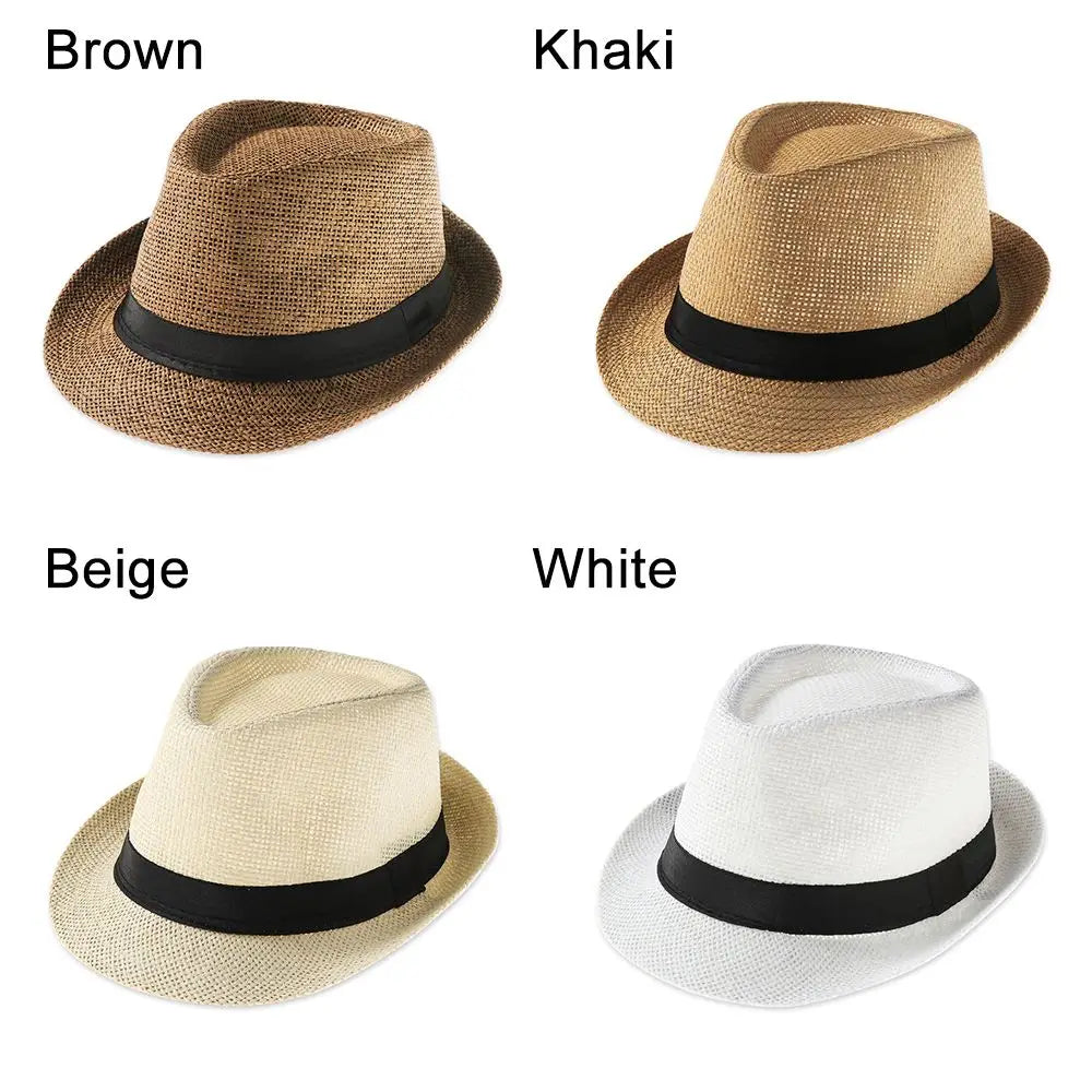 Unisex Fashion Beach Sun Cap Summer Wide Brim Straw Panama Cap Casual Jazz Dress Hat Cowboy Fedora Hat Gangster Cap