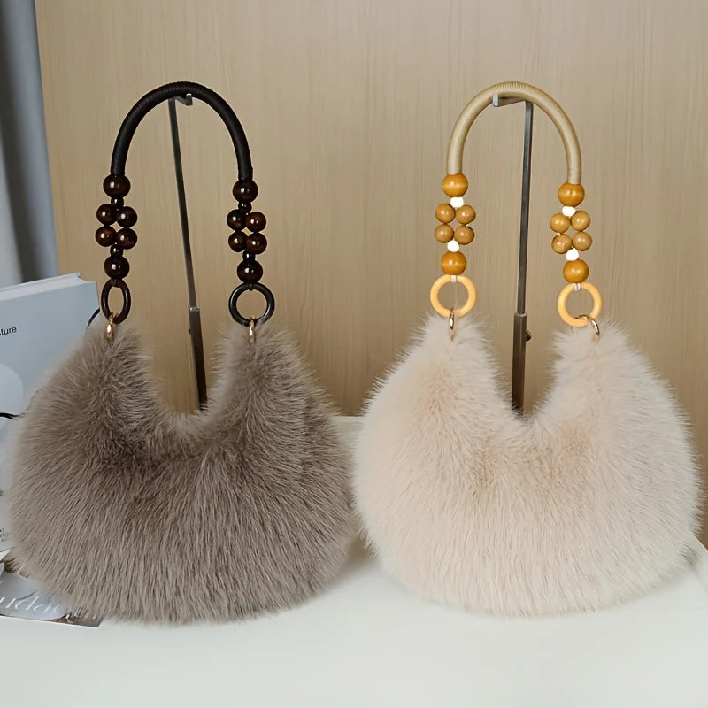 Women's Faux Handbag, Plush Faux Tote Purse with Bead Accented Strap, Zipper Closure Elegant Handbags Shoulder Bags for Everyday