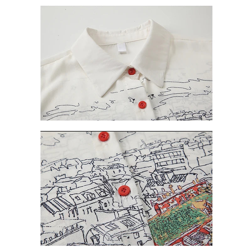 Women Shirt and Blouse Y2k Vintage Korean Style Harajuku Casual Elegant Chic Fashion Loose Long Sleeve Print Polo Shirt Top 2023