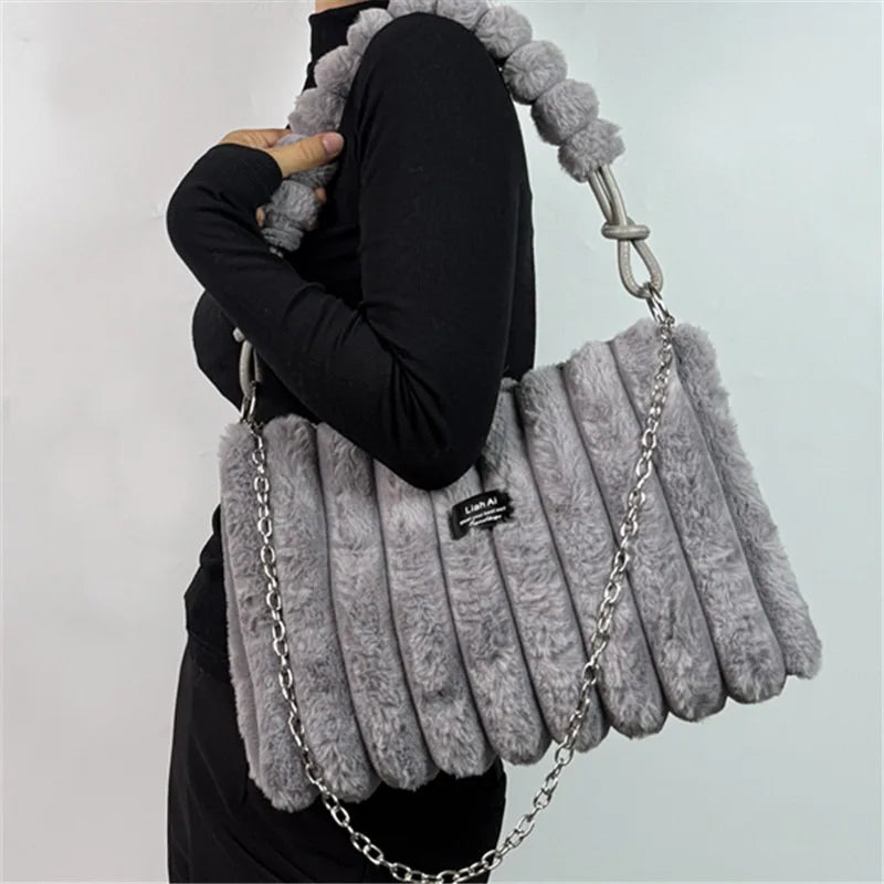 Women's Large Plush Tote Bag with Crossbody/Handheld Carry Soft Striped Plush Exterior Cozy Handbag for, Travel, Everyday Use