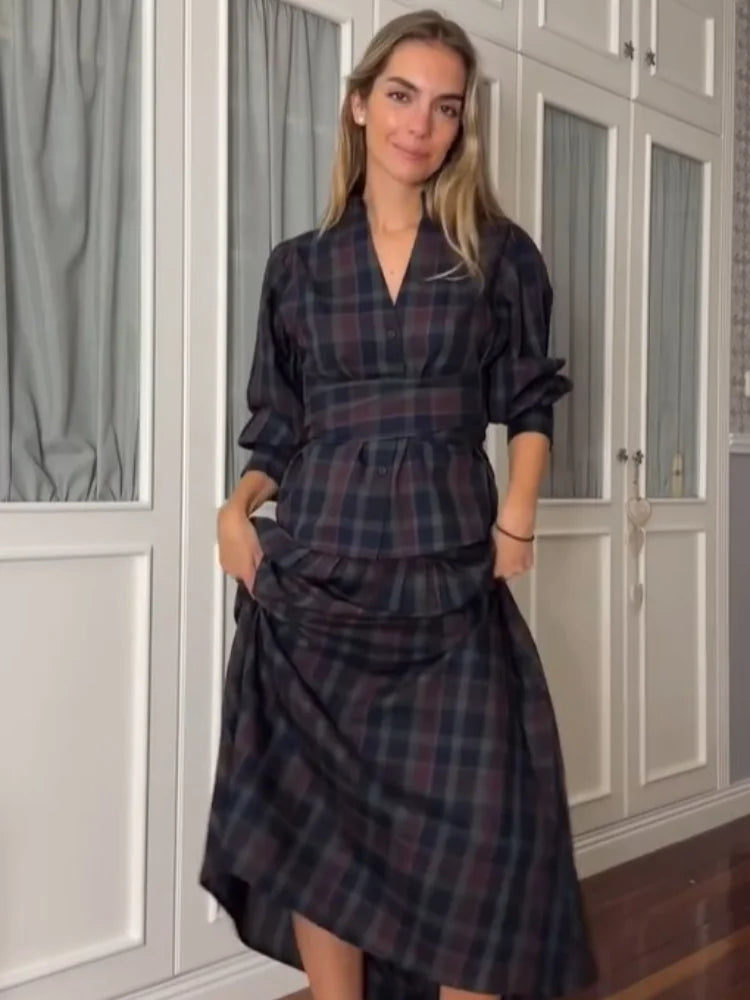 Casual V-neck Checkered Lace Up Suit Women Fashion Long Lantern Sleeves Single-breasted Slim Set 2025 Lady Commute street Outfit