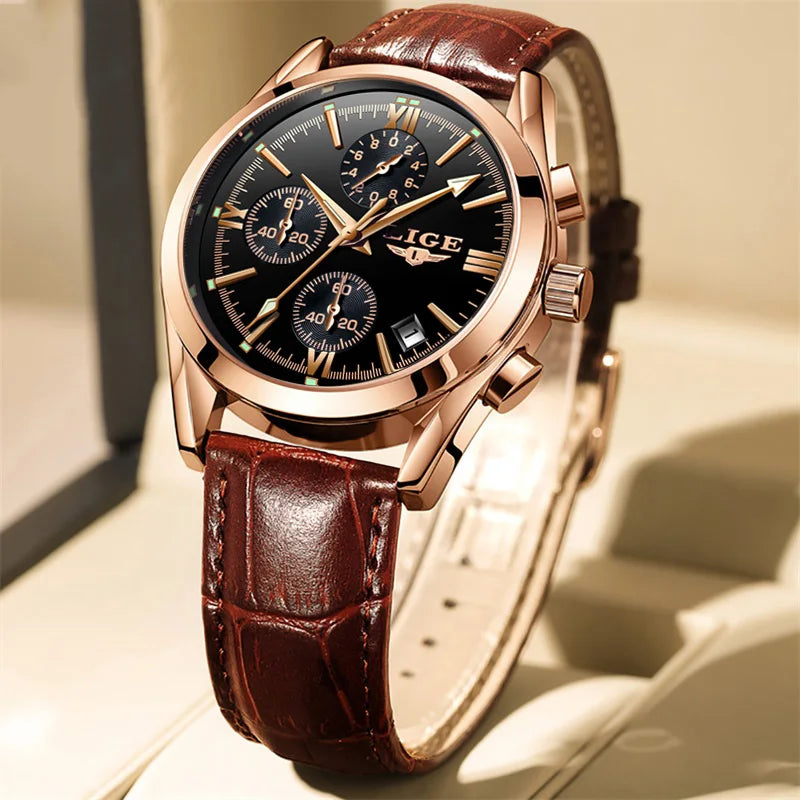 LIGE Fashion Men Watches Top Brand Luxury Military Quartz Watch for Men Business Leather Waterproof Casual Sport Chronograph New