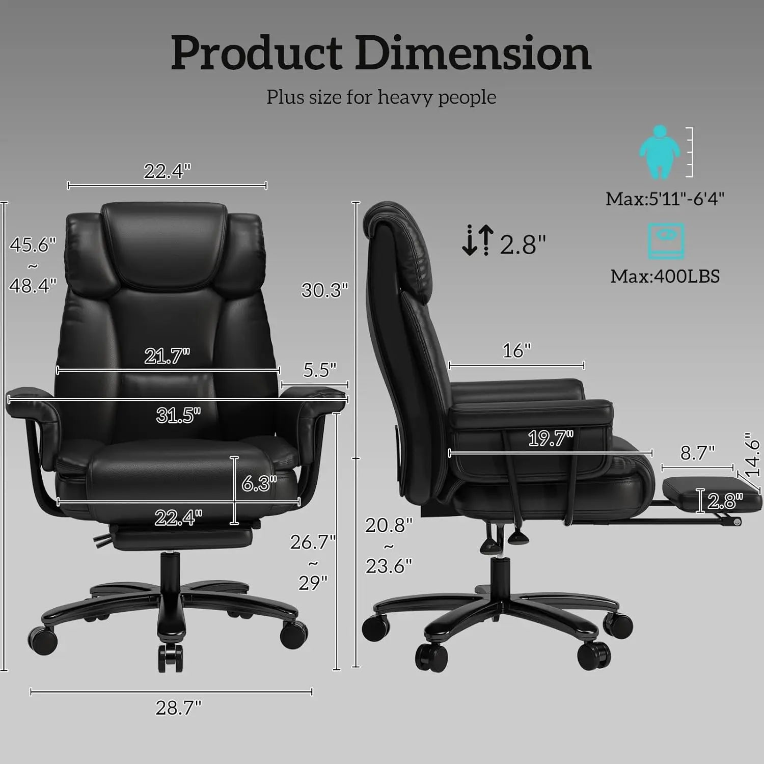 Big and Tall Office Chair 400LBS, 160° High Back Reclining Office Desk Chair with Wide Seat, Arms, Footrest, Black - Kimlud
