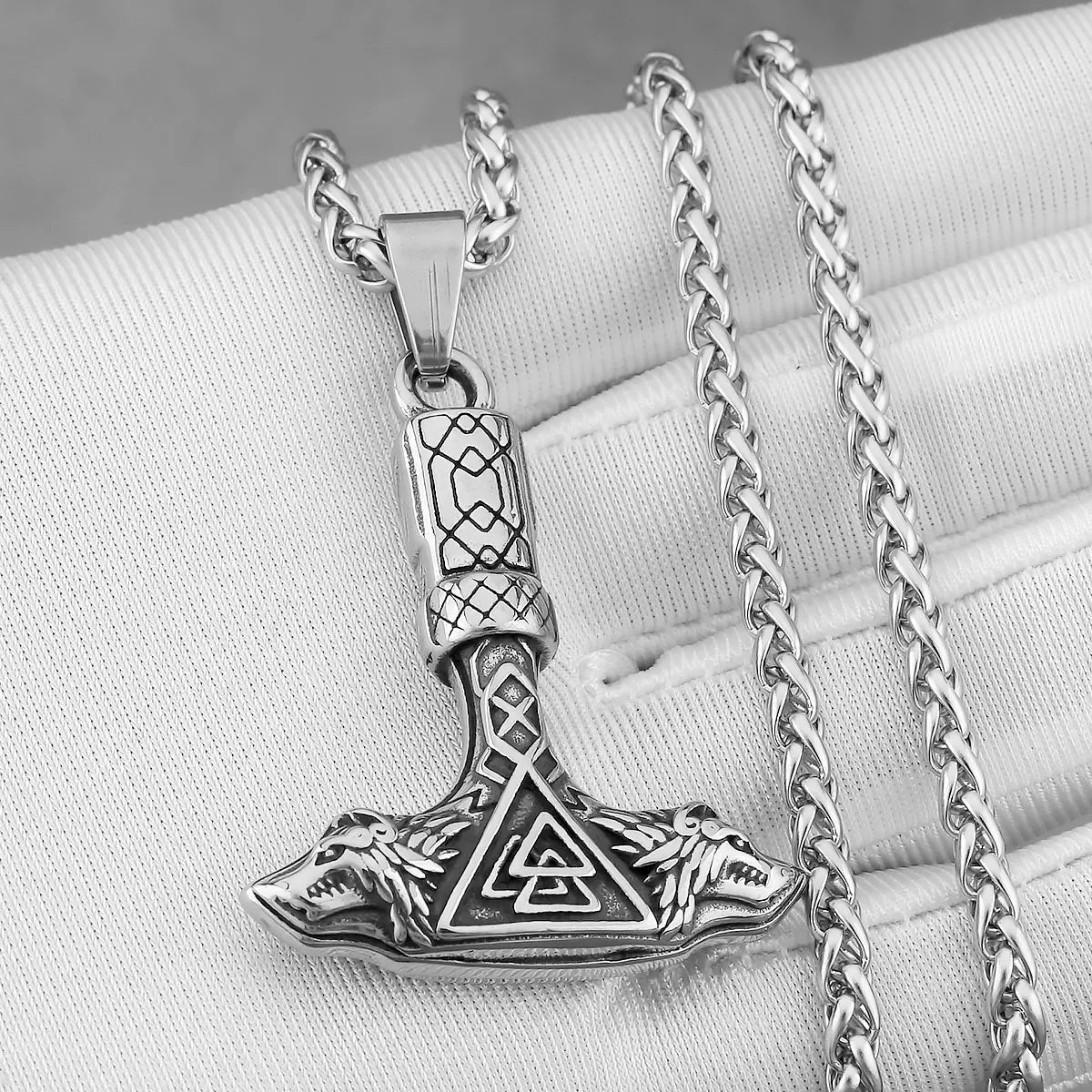 Vintage Viking Wolf Head Thor's Hammer Necklace Men Nordic Valknut Odin Symbol Pendant Necklace Fashion Stainless Steel Jewelry