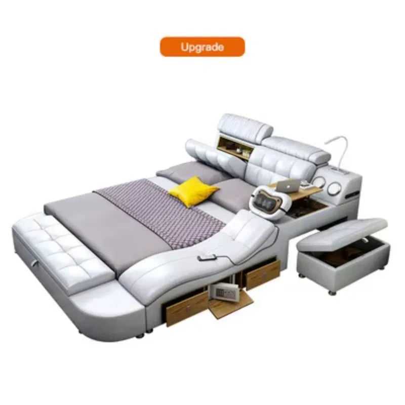 Leather Smart Bed King Size Sofa Multifunctional Queen Bed Bedroom Furniture Double Bed With Massager Lit 2 Places...