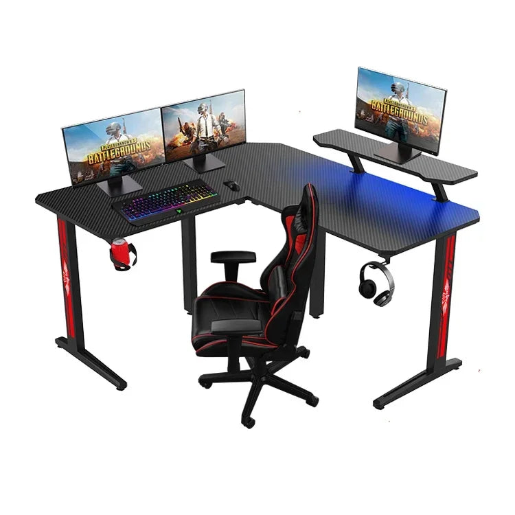 manufacturer L shaped gaming desk rgb modern large custom black gaming table pc desk with cup holder/headphone hook