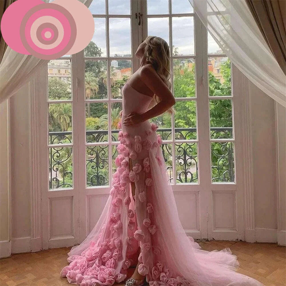RFYR Pink Mermaid Charming Prom Dress 3D Flower Formal Gown Sleevesless Evening Gown with Side Slit vestidos de noche Customized