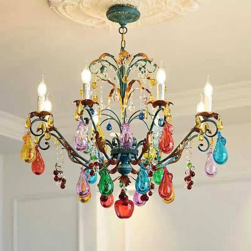 French Colorful Restaurant Chandelier Art Glass Lamp Romantic Bedroom Lamp Retro Colorful Candle Chandelier Crystal Lamp - Kimlud