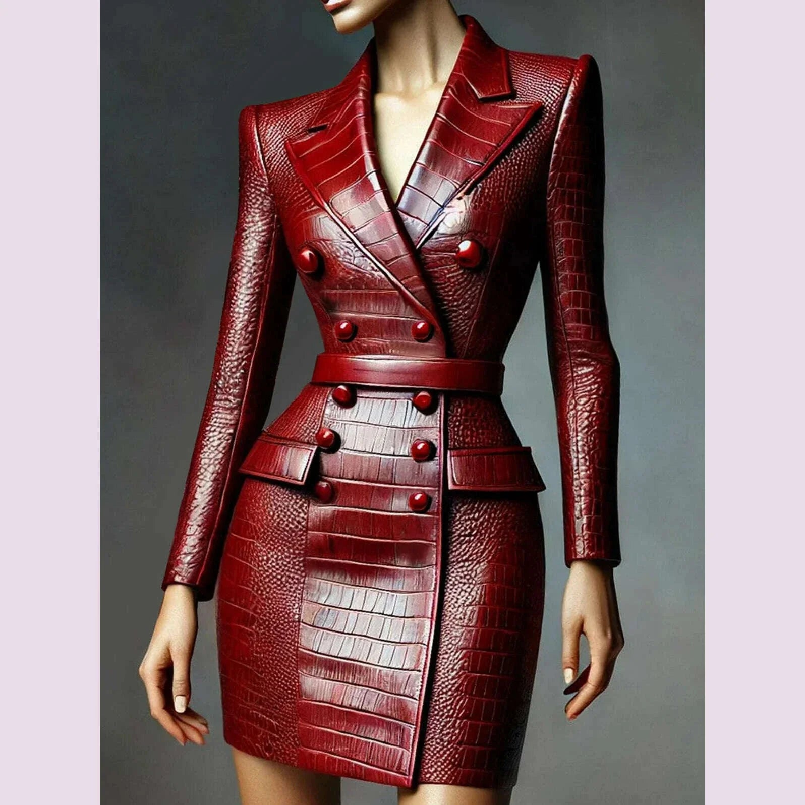 New PU Leather Dresses for Women Lapel Collor Double Breasted Alligator Pattern Belt Mini Dress Long Sleeve Elegant Dress 2025