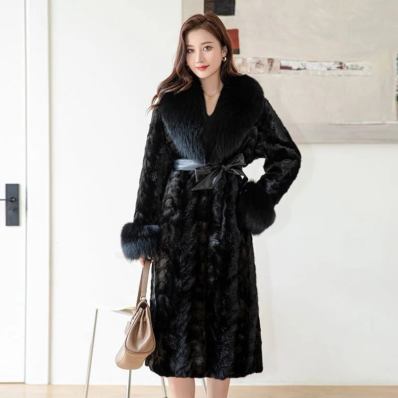 Women's Long Thickened Oversized Fox Fur Collar Warm Genuine Mink fur Coat Fashion New high quality Real Fur Coat