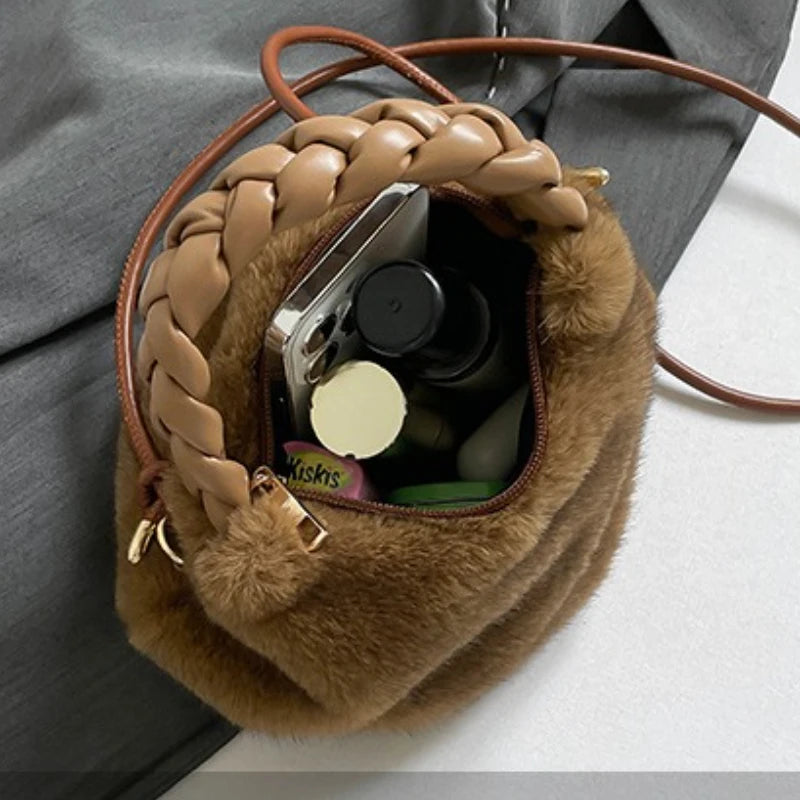 Fluffy Texture Vwrastile Crossbody Bag Women Winter Fashion Furry Bucket Bag with Braided Leisure Handle Shoulder Storage Bags