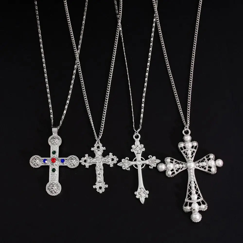 Geometric Ethnic Style Men Necklace Silver Pearl Cross Pendant Necklace Jewelry Accessories Golden Rhinestone Necklace Women