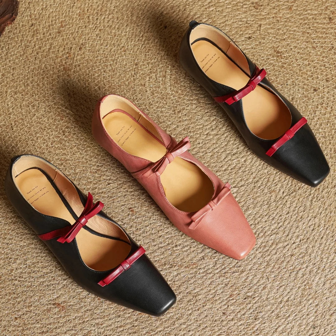 Women's cow leather double bowtie slip-on flats loafers square toe high quality female sweet daily moccasins shoes for woman hot - Kimlud