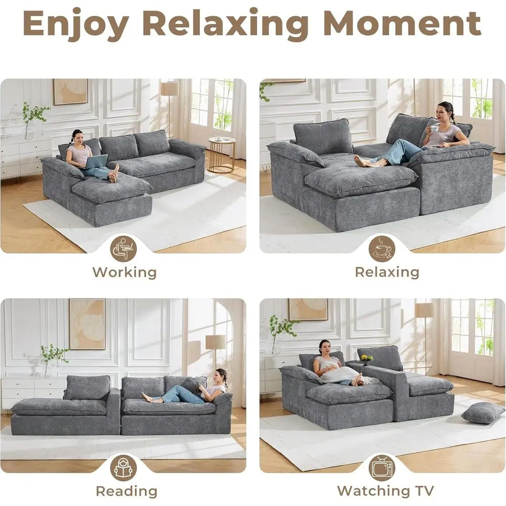 Grey Chenille L-Shaped Sectional Sofa with Deep Seating and Memory Foam, Ready to Use | Kimlud Luxury Chair