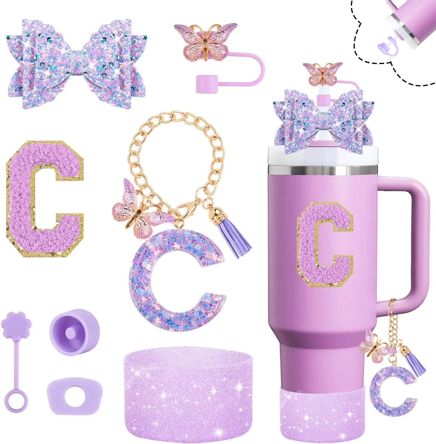 8pcs Cup Accessories Set 30oz 40oz tumbler Straw Topper Cover, Boot, Spill Proof Stoppers, Handle Charms Sticker for Stanley Cup