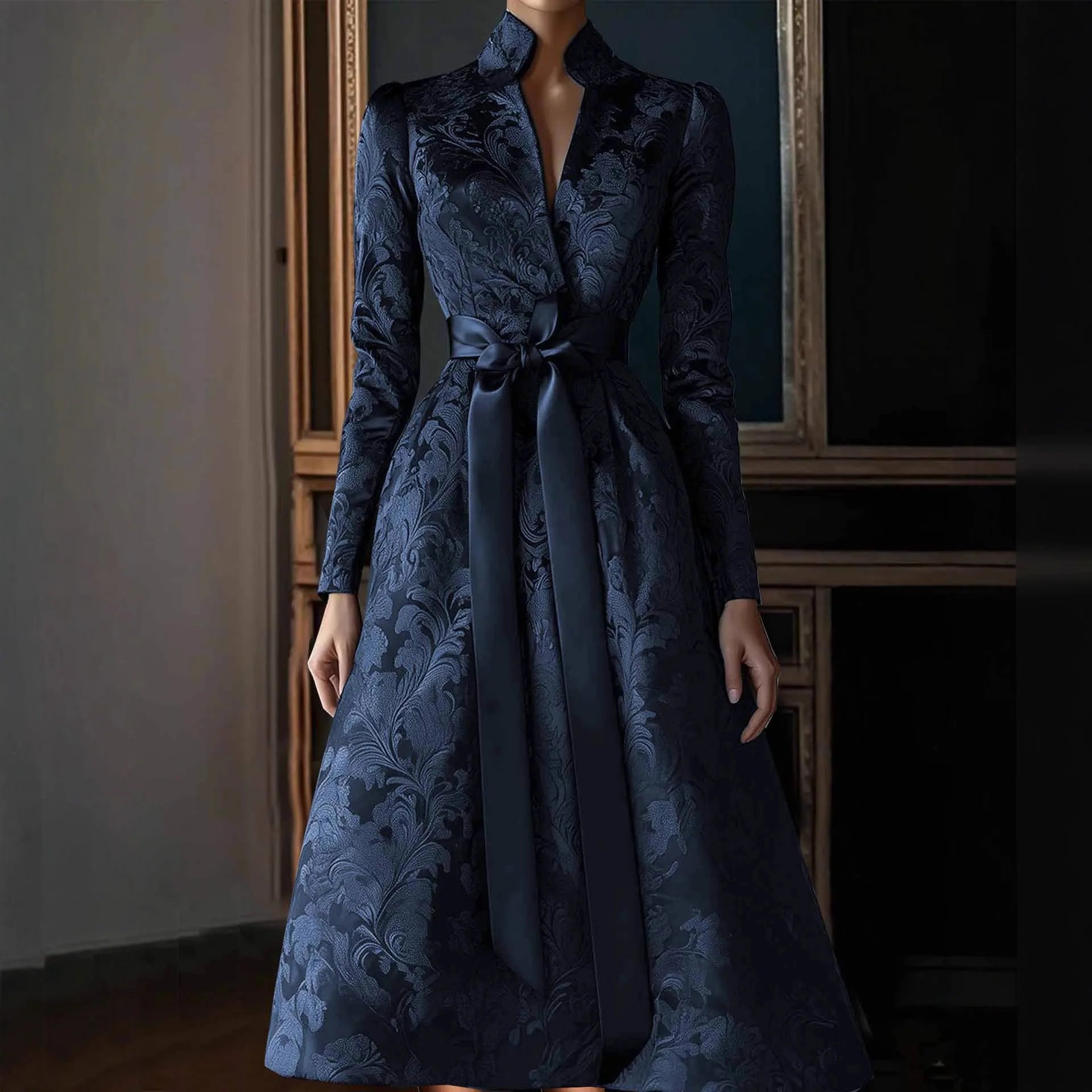 Elegant Womens Print Dress Evening Party Guest Long Sleeve Pleated Maxi Dress with Stand Collar Waisted Wedding Vestido Dress