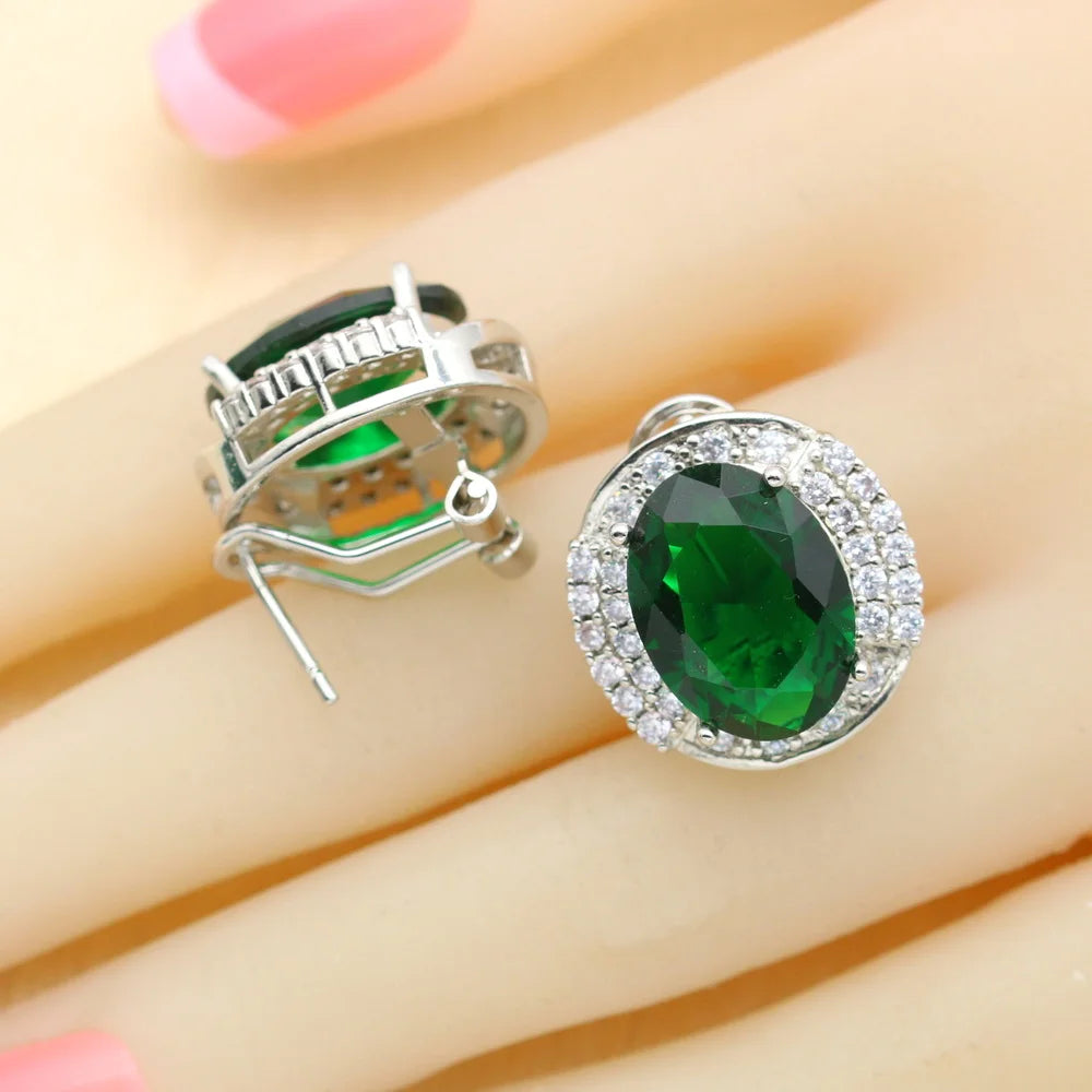 925 Silver Jewelry Sets Green Zirconia Necklace Pendant Hoop Earrings Ring Bracelet For Women Gift Box